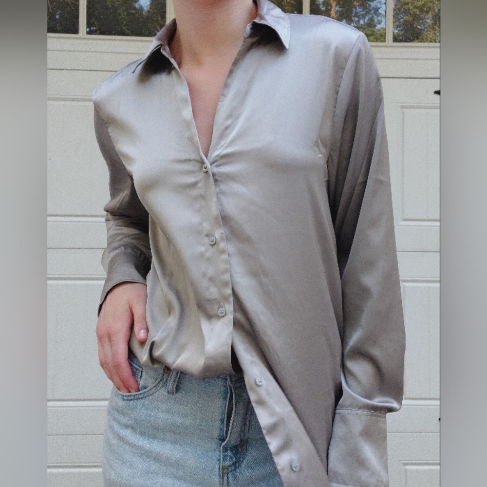 Grey Silver Silk Button Down Long Sleeve Top